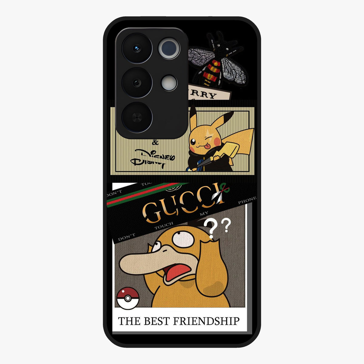 Gucci Play Mashup Glass Case showing flat back view with luxury inspired graphic artwork and glossy glass finish.