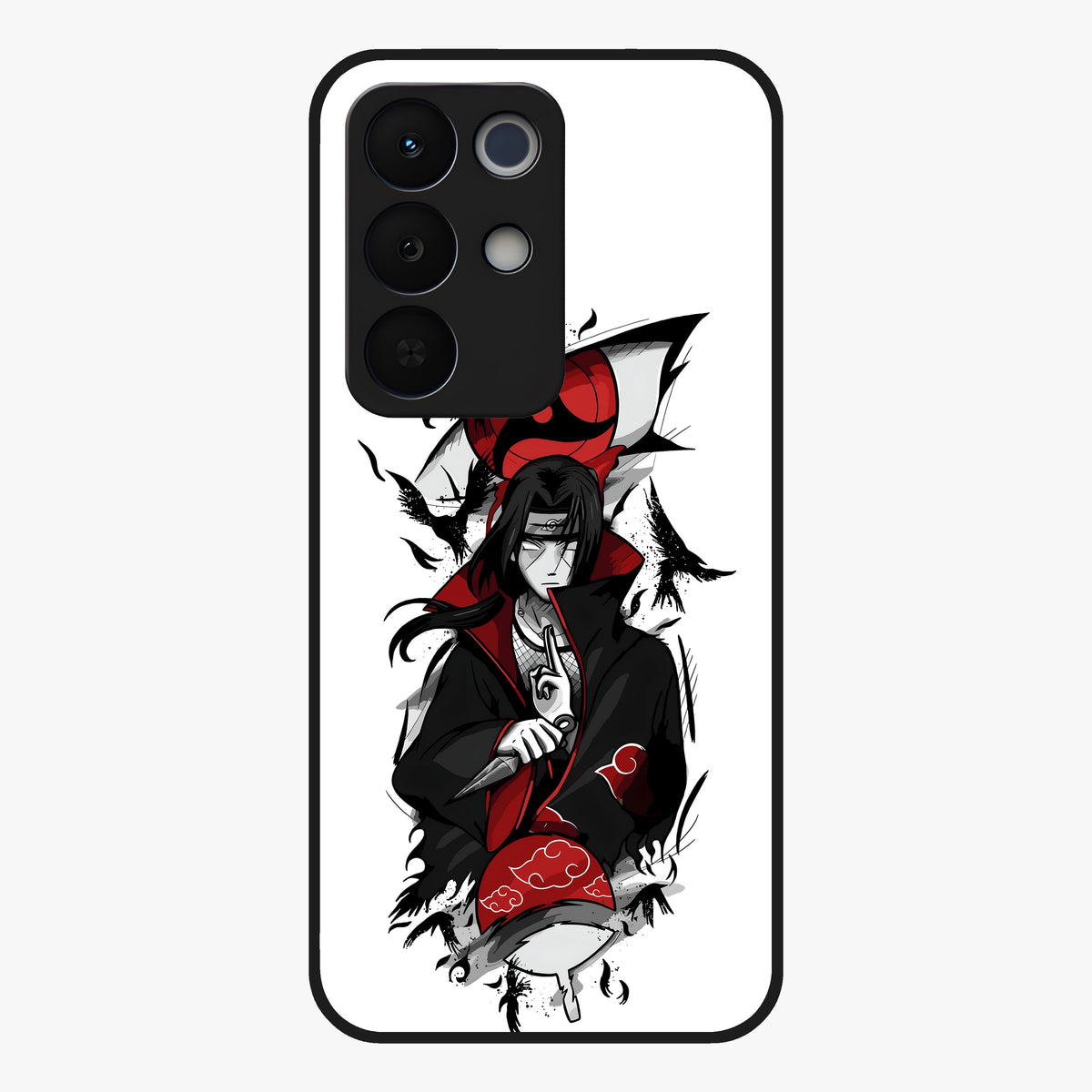 Itachi Sharingan Glass Case showing flat back view with powerful anime eye artwork and glossy glass finish.