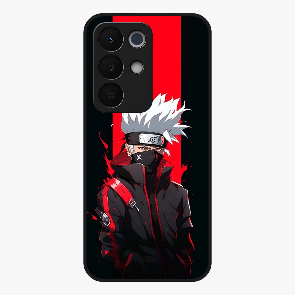 Kakashi Scarlet Shadow Glass Case showing flat back view with powerful anime ninja artwork and glossy glass finish.