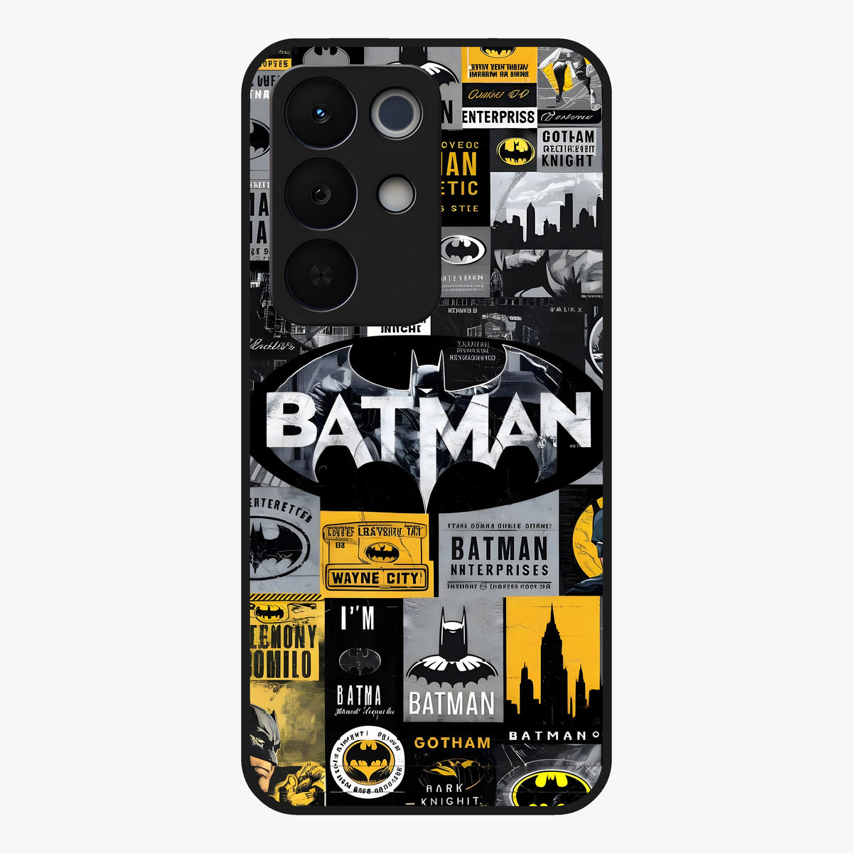 Knight Gotham Rise Glass Case showing flat back view with dark hero inspired artwork and glossy glass finish.