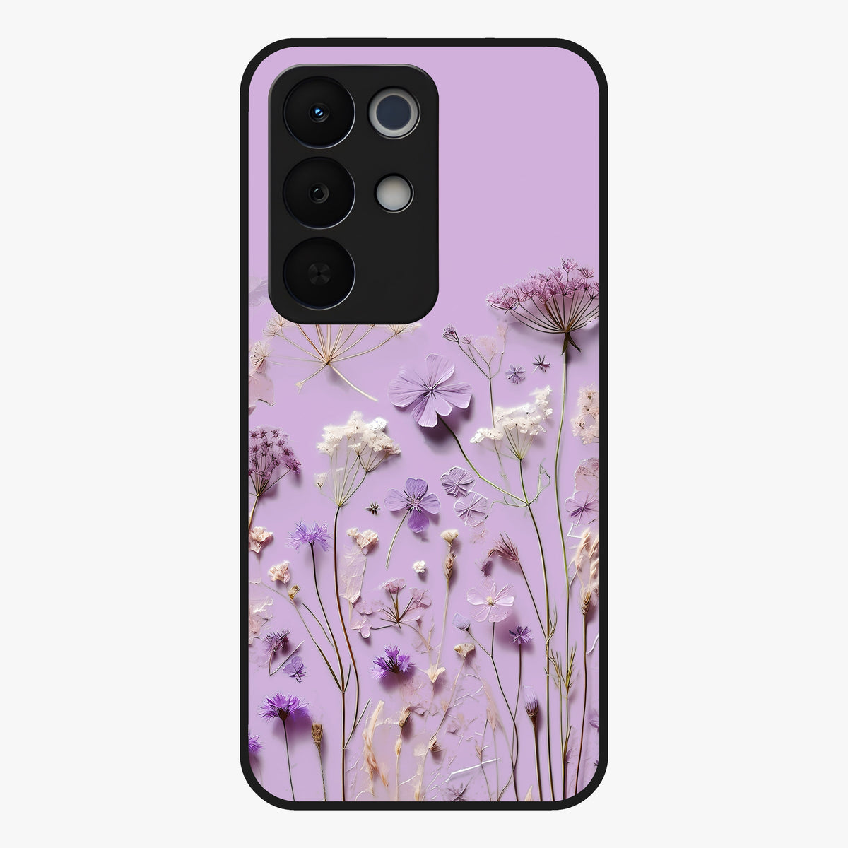 Lavender Blossom Dream Glass Case showing flat back view with soft lavender floral artwork and glossy glass finish.