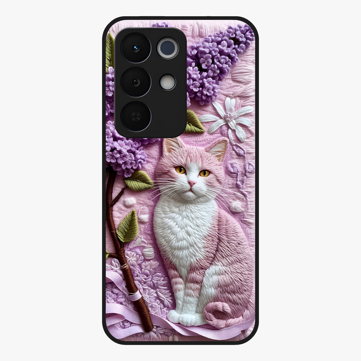 Lavender Cat Whimsy Glass Case showing flat back view with cute lavender cat artwork and glossy glass finish.