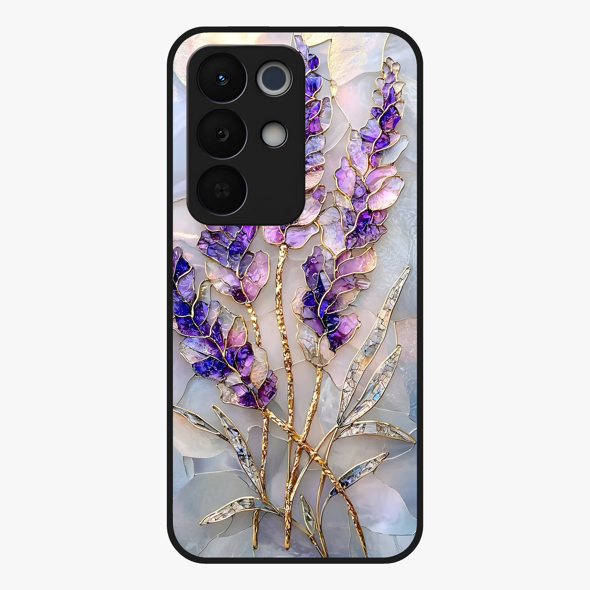 Lavender Dream Glow Glass Case showing flat back view with glowing lavender aesthetic artwork and glossy glass finish.
