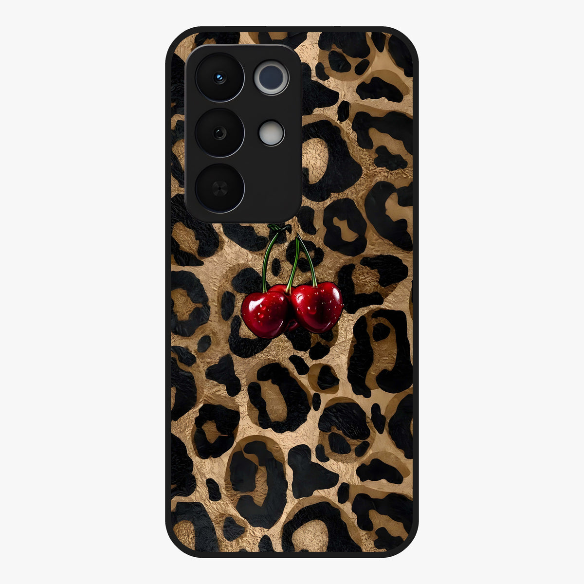 Leopard Wild Cherry Glass Case showing flat back view with leopard pattern and cherry artwork and glossy glass finish.