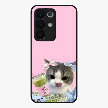 Love Matcha Cat Glass Case showing flat back view with cute cat and matcha themed artwork and glossy glass finish.