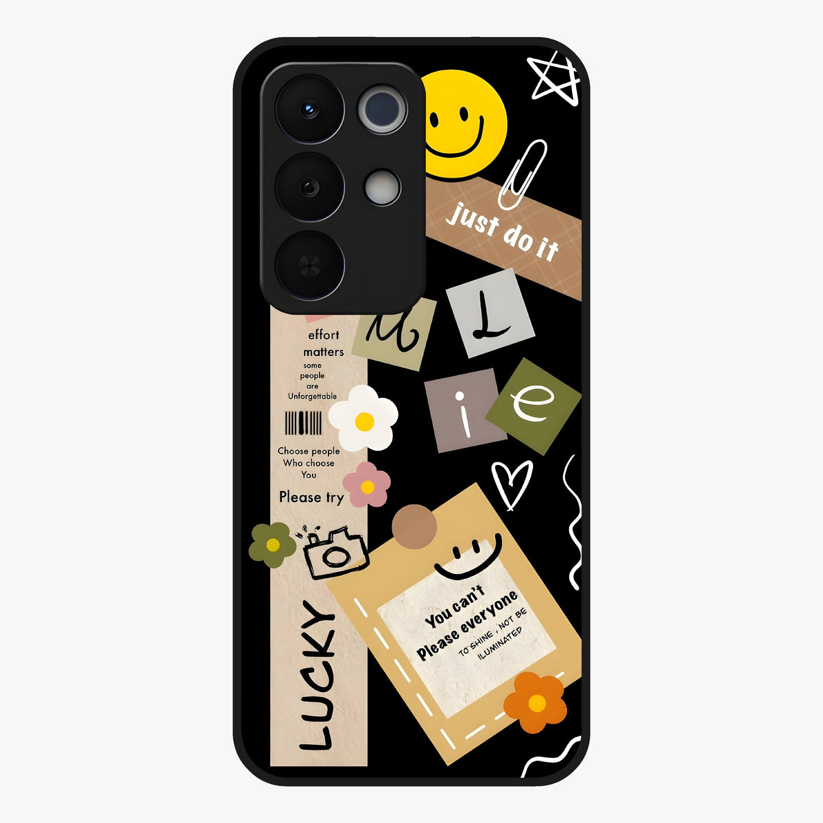 Lucky Aesthetic Collage Glass Case showing flat back view with trendy aesthetic collage artwork and glossy glass finish.