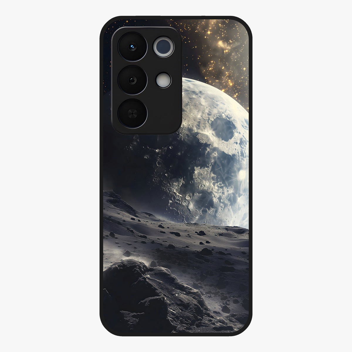 Lunar Horizon Glow Glass Case showing flat back view with glowing moon horizon artwork and glossy glass finish.