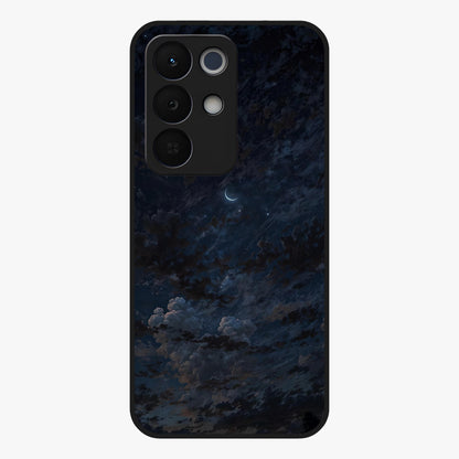 Lunar Veil Silence Glass Case showing flat back view with mystical moon veil artwork and glossy glass finish.