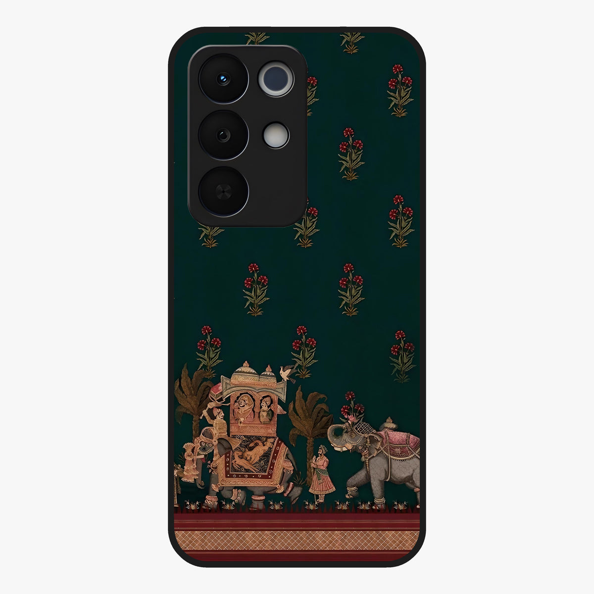 Macmerise Glass Case showing flat back view with stylish modern artwork and glossy glass finish.