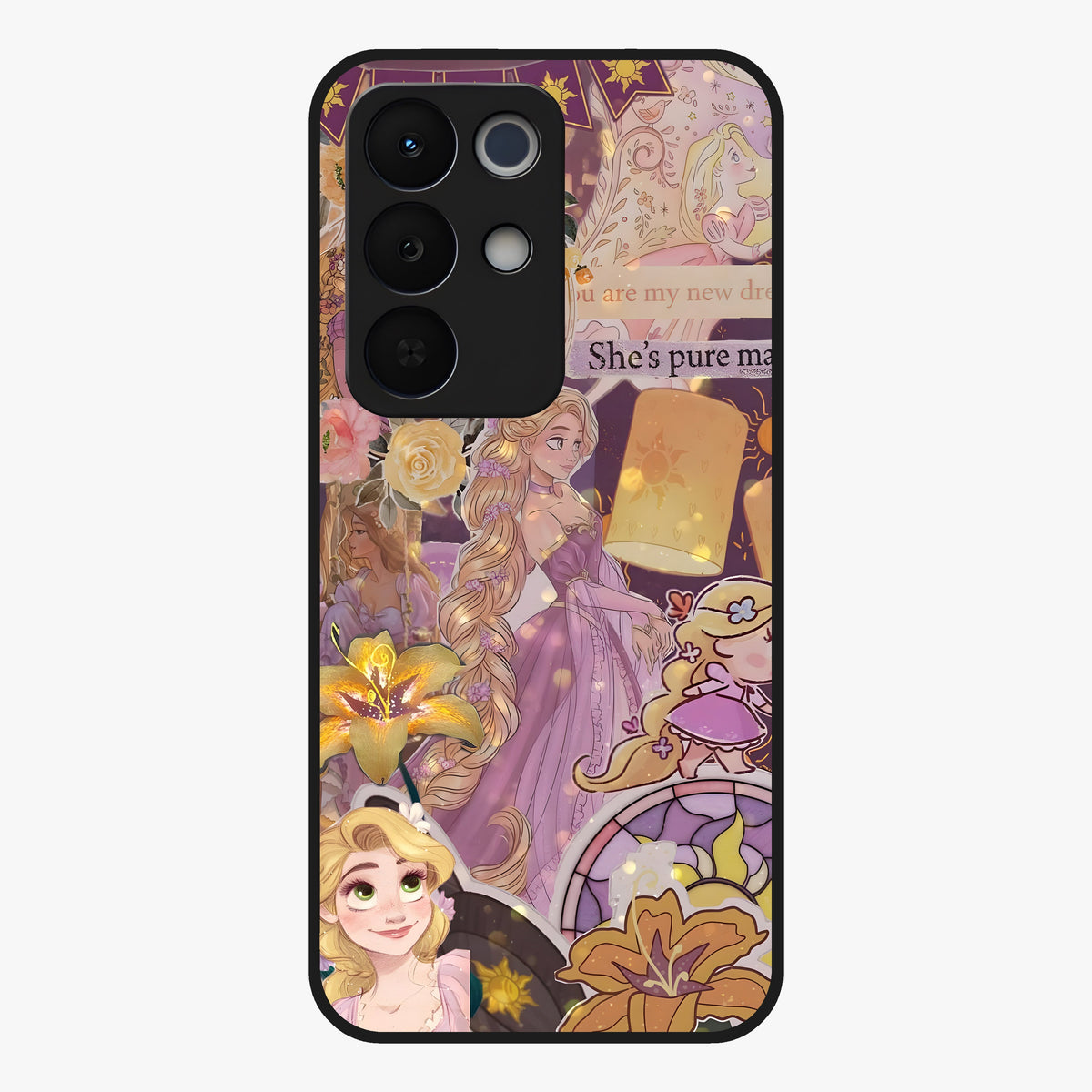 Magical Tangled Dream Glass Case showing flat back view with dreamy tangled artwork and glossy glass finish.