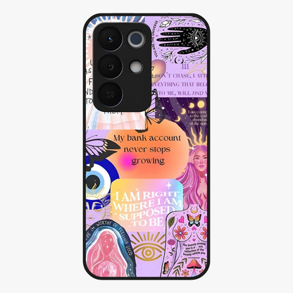 Manifestation Collage Glass Case showing flat back view with motivational collage artwork and glossy glass finish.