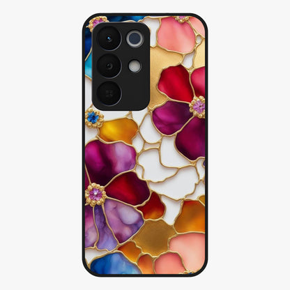 Marble Flower Pattern Glass Case showing flat back view with marble texture floral artwork and glossy glass finish.