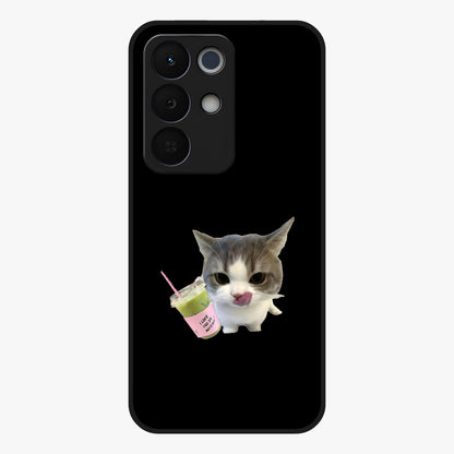 Matcha Cat Style Glass Case showing flat back view with cute matcha themed cat artwork and glossy glass finish.
