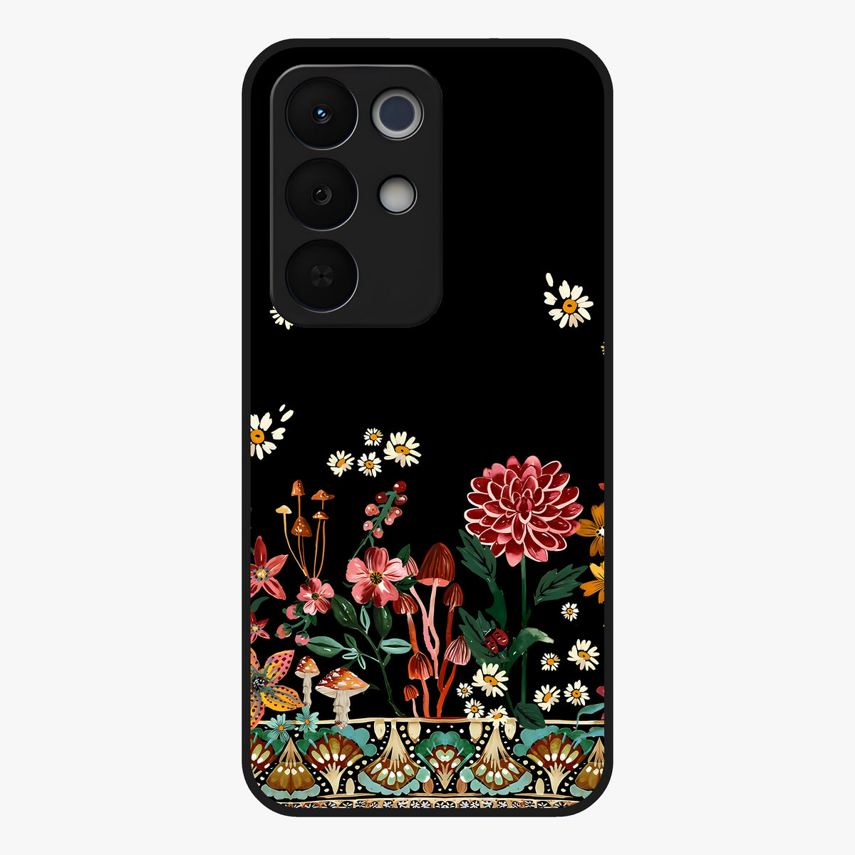 Midnight Bloom Pattern Glass Case showing flat back view with dark floral pattern artwork and glossy glass finish.