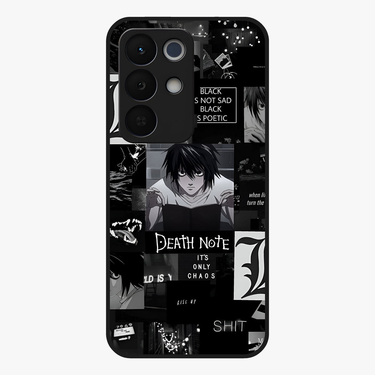 Midnight Chaos Mind Glass Case showing flat back view with abstract dark themed artwork and glossy glass finish.