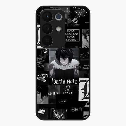 Midnight Chaos Mind Glass Case showing flat back view with abstract dark themed artwork and glossy glass finish.