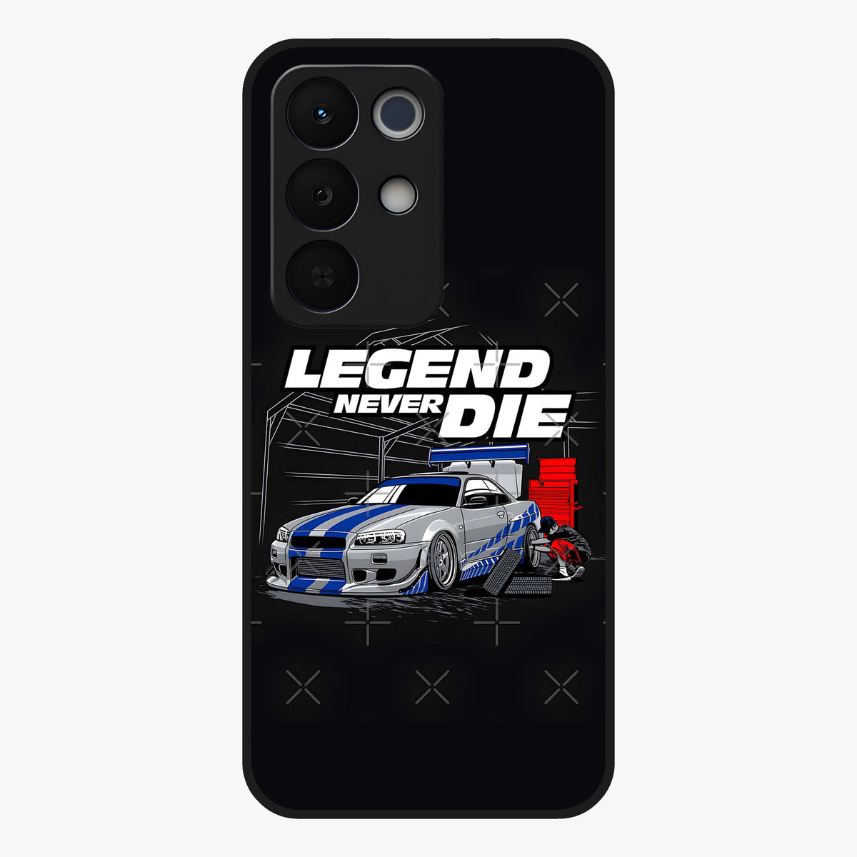 Midnight Racing Legacy Glass Case showing flat back view with sleek racing inspired artwork and glossy glass finish.