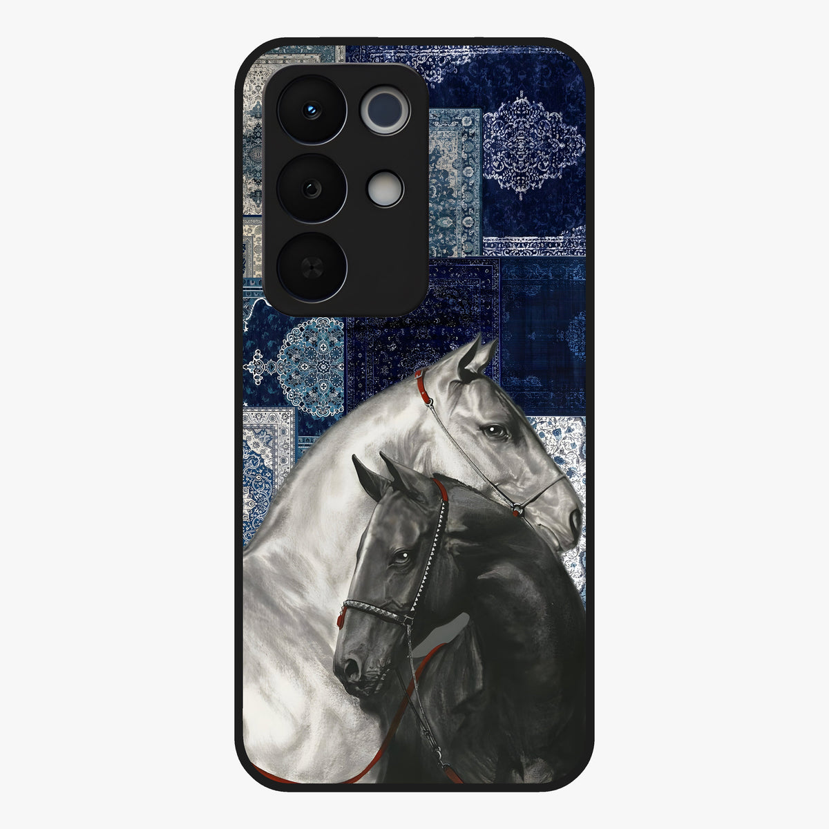 Midnight Stallion Blues Glass Case showing flat back view with majestic horse artwork and glossy glass finish.