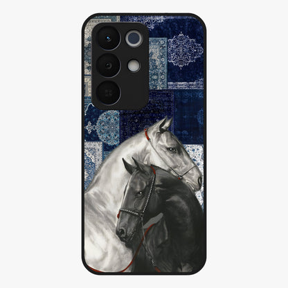 Midnight Stallion Blues Glass Case showing flat back view with majestic horse artwork and glossy glass finish.