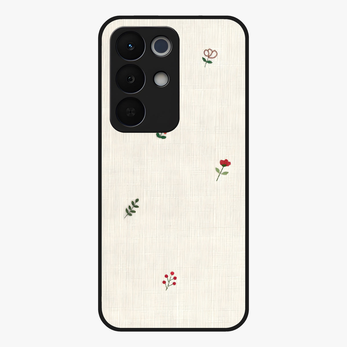 Minimal Petal Whispers Glass Case showing flat back view with soft minimal floral artwork and glossy glass finish.