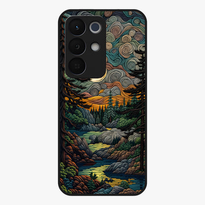 Moonlight Forest Dream Glass Case showing flat back view with mystical forest moonlight artwork and glossy glass finish.