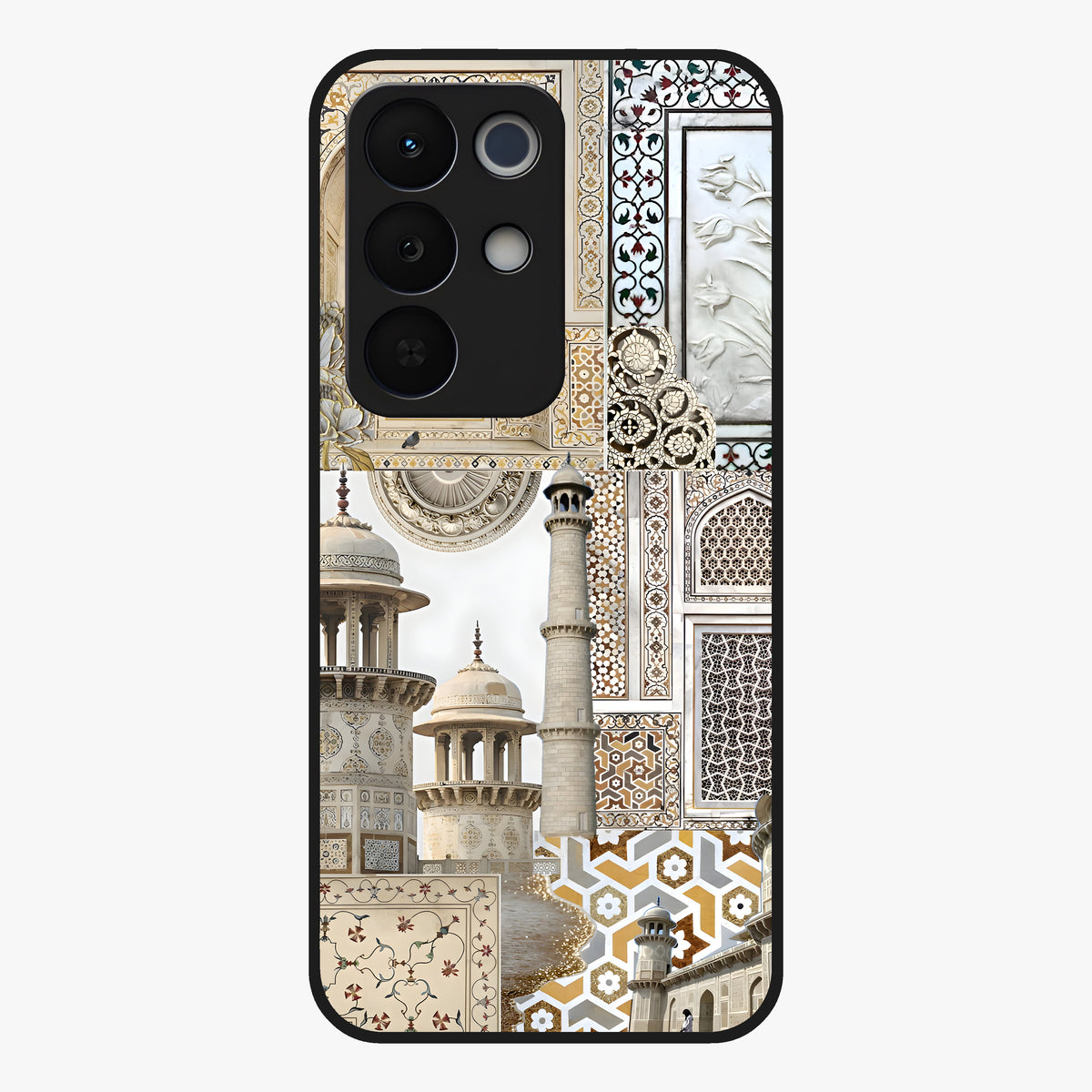 Mughal Marble Legacy Glass Case showing flat back view with intricate Mughal inspired marble pattern and glossy glass finish.