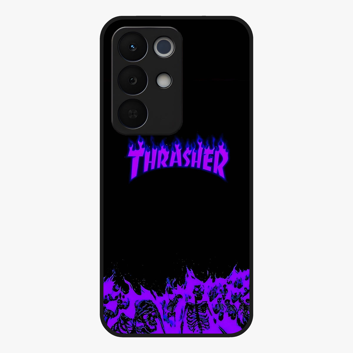 Neon Flame Riot Glass Case showing flat back view with neon flame artwork and glossy glass finish.