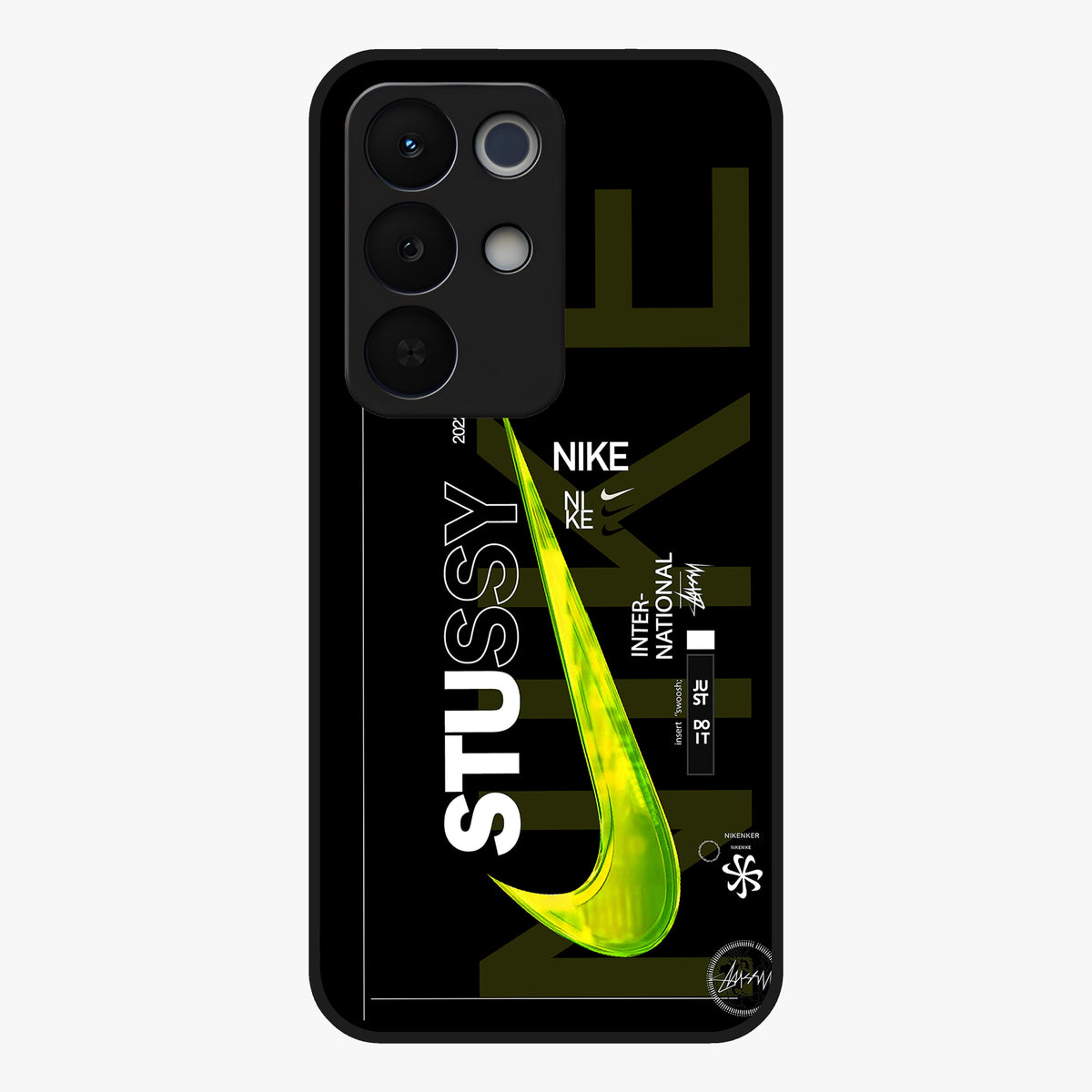 Neon Street Edition Glass Case showing flat back view with neon street style artwork and glossy glass finish.