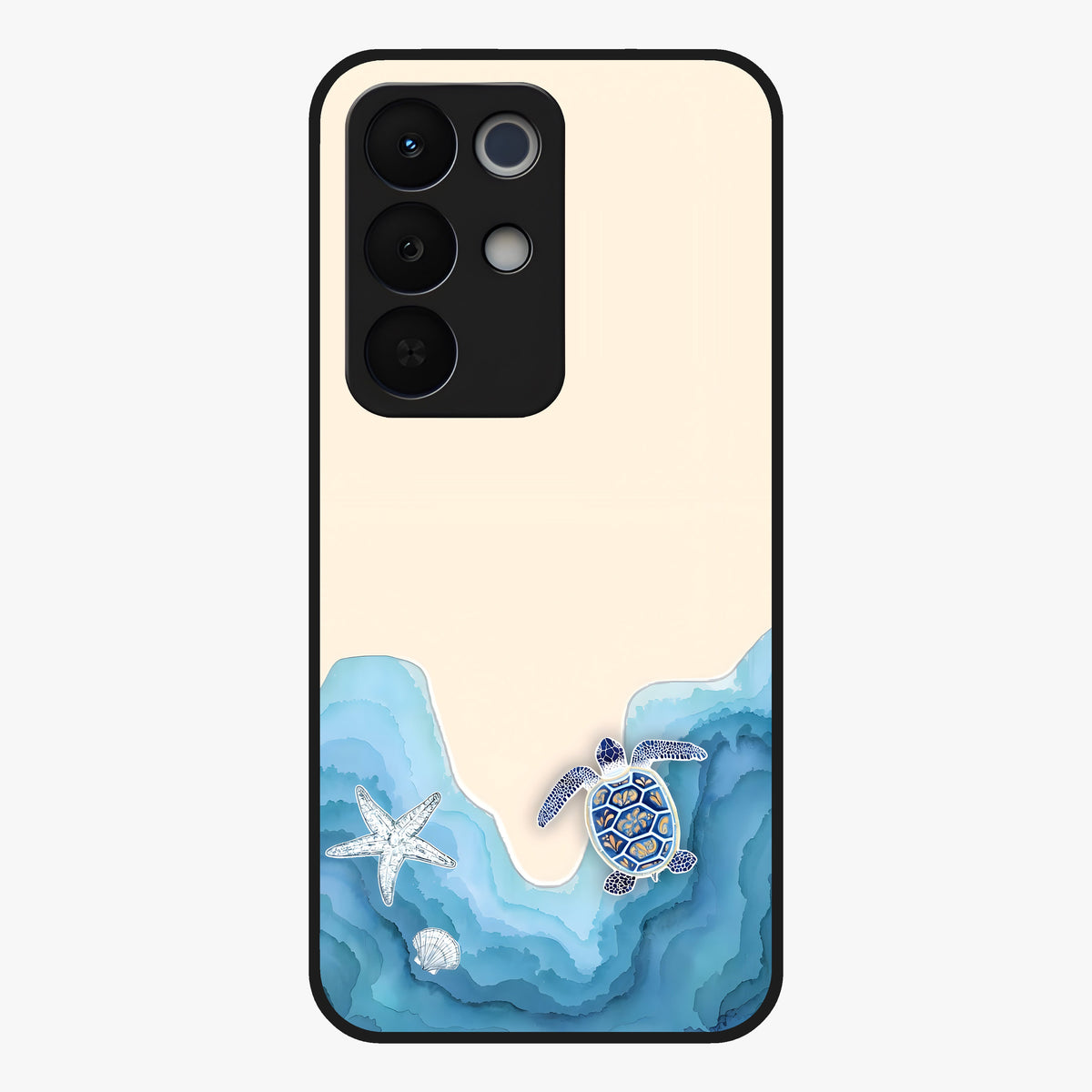 Ocean Drift Turtle Glass Case showing flat back view with sea turtle artwork and glossy glass finish.