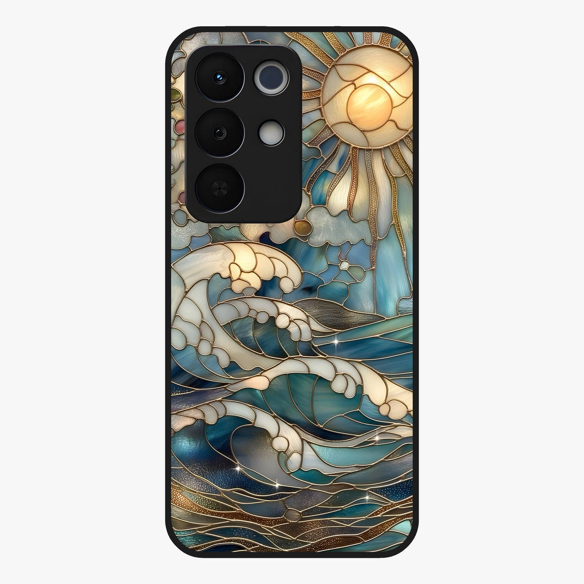 Oceanic Stained Printed Glass Case showing flat back view with ocean inspired stained pattern artwork and glossy glass finish.