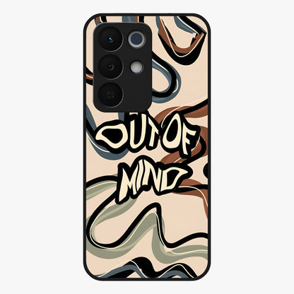 Out Of Mind Glass Case showing flat back view with expressive typography artwork and glossy glass finish.