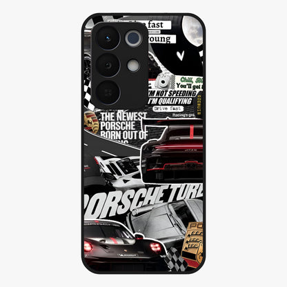 Porsche Racing Collage Glass Case showing flat back view with sports car racing collage artwork and glossy glass finish.