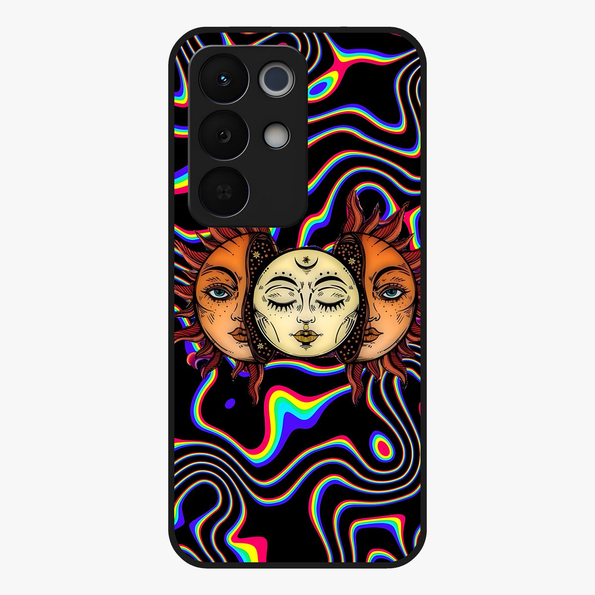Psychedelic Sun Glass Case showing flat back view with colorful psychedelic sun artwork and glossy glass finish.