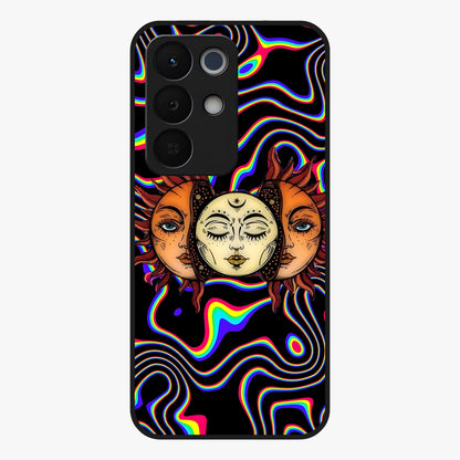 Psychedelic Sun Glass Case showing flat back view with colorful psychedelic sun artwork and glossy glass finish.