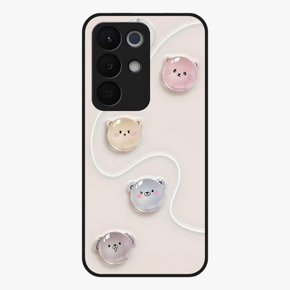 Puffy Face Parade Glass Case showing flat back view with cute puffy character faces artwork and glossy glass finish.