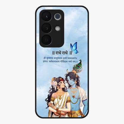 Radha Krishna Eternal Glass Case showing flat back view with Radha Krishna devotional artwork and glossy glass finish.
