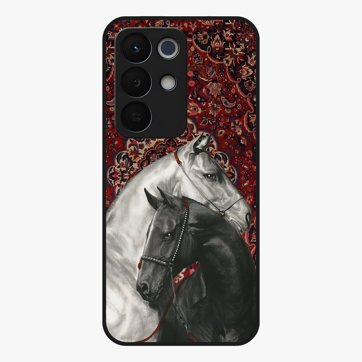 Regal Stallion Tapestry Glass Case showing flat back view with majestic horse tapestry artwork and glossy glass finish.