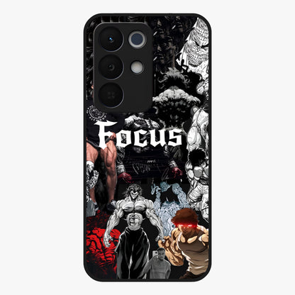 Relentless Power Focus Glass Case showing flat back view with motivational typography artwork and glossy glass finish.
