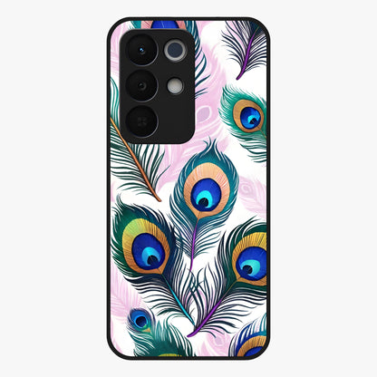 Royal Peacock Feathers Glass Case showing flat back view with colorful peacock feather artwork and glossy glass finish.