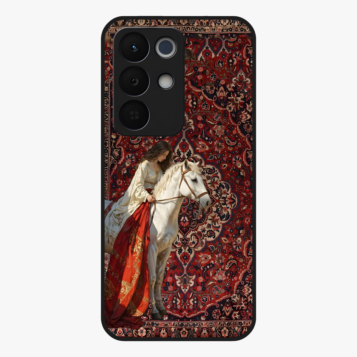 Royal Rider Tapestry Glass Case showing flat back view with majestic horse rider tapestry artwork and glossy glass finish.