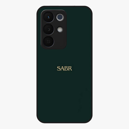 Sabr Minimal Patience Glass Case showing flat back view with minimalist typography artwork and glossy glass finish.