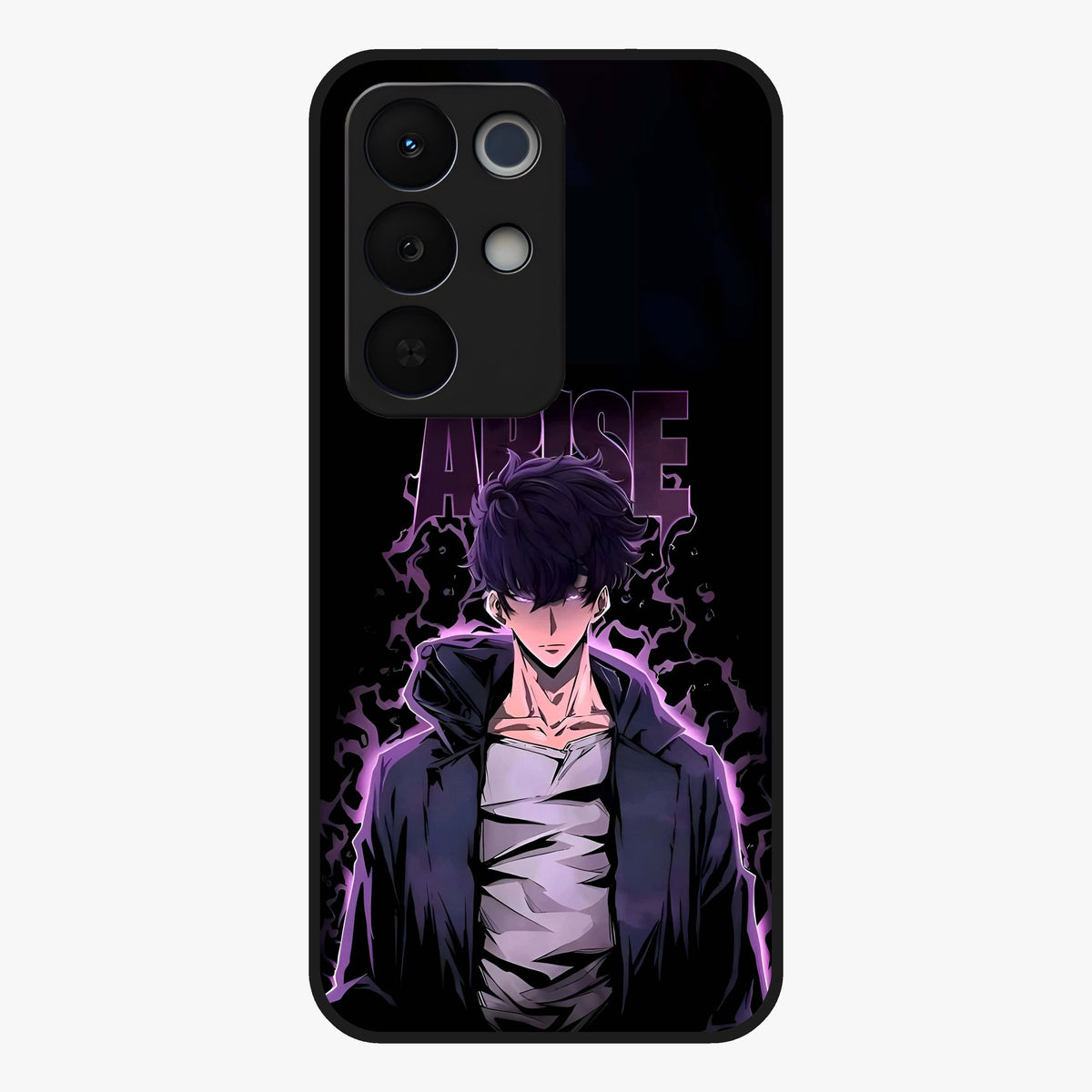 Shadow Monarch Awakening Glass Case showing flat back view with powerful dark monarch themed artwork and glossy glass finish.