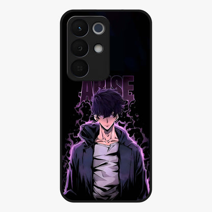 Shadow Monarch Awakening Glass Case showing flat back view with powerful dark monarch themed artwork and glossy glass finish.