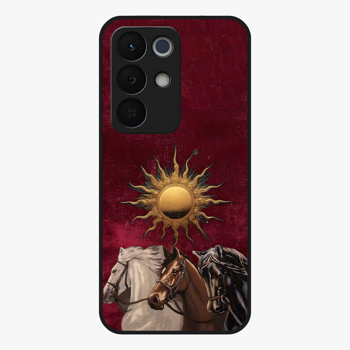 Solar Riders Glass Case showing flat back view with dynamic rider themed artwork and glossy glass finish.