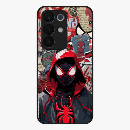 Spider Collage Street Glass Case showing flat back view with vibrant superhero collage artwork and glossy glass finish.