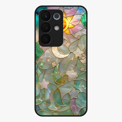 Stained Sunrise Glow Glass Case showing flat back view with glowing sunrise stained pattern artwork and glossy glass finish.