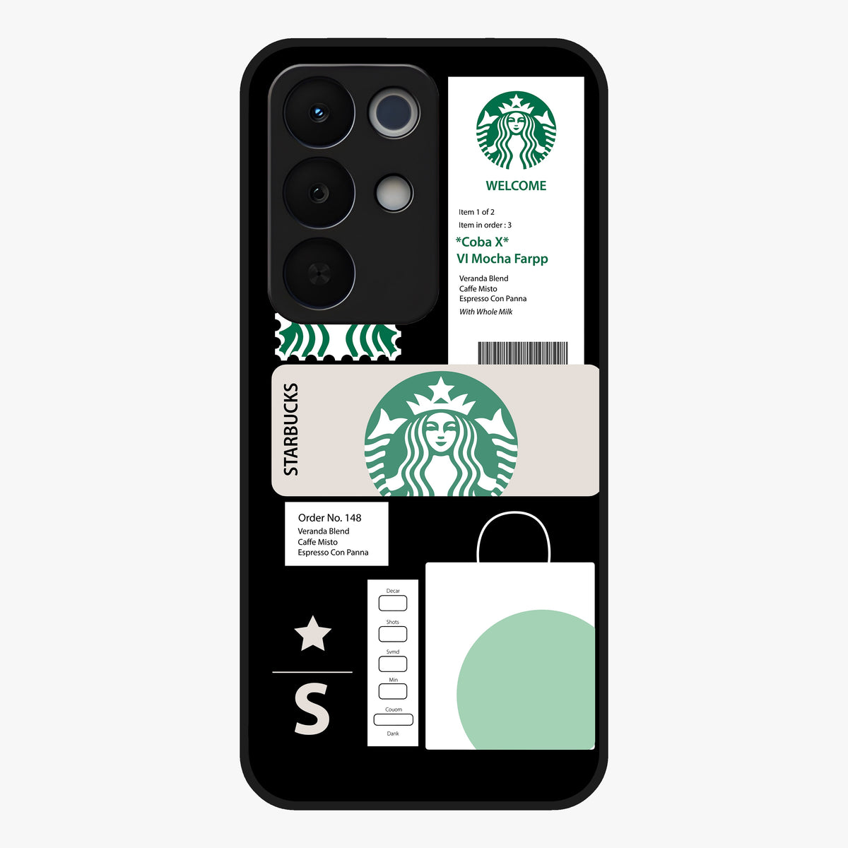 Starbucks Mocha Glass Case showing flat back view with coffee inspired artwork and glossy glass finish.