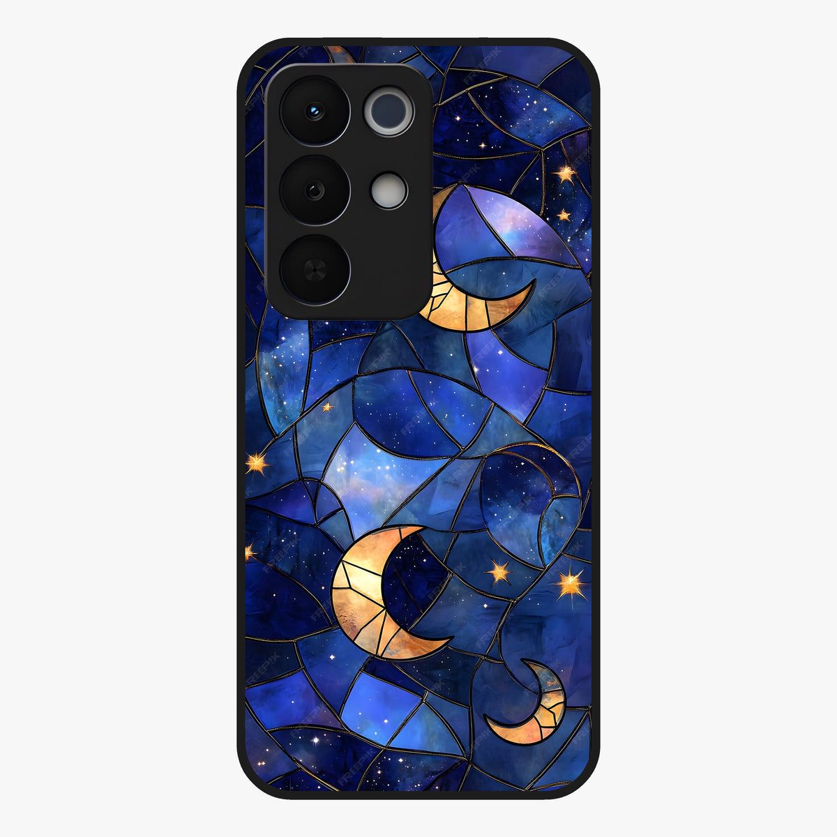 Starlit Sky Tapestry Glass Case showing flat back view with decorative starry sky tapestry artwork and glossy glass finish.