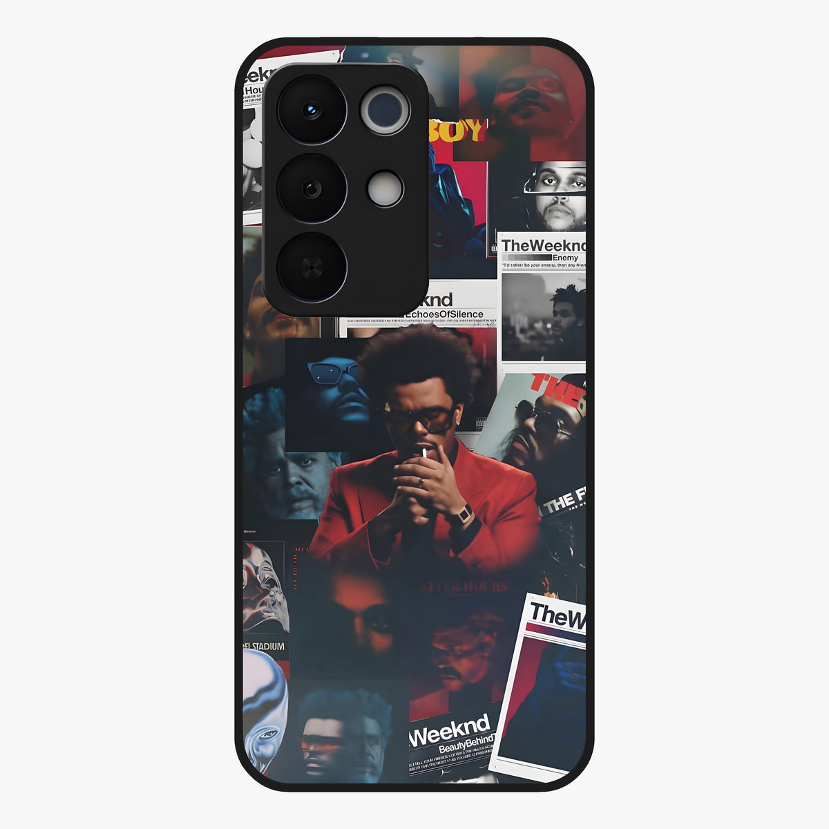 The Weeknd Glass Case showing flat back view with music inspired artistic portrait artwork and glossy glass finish.