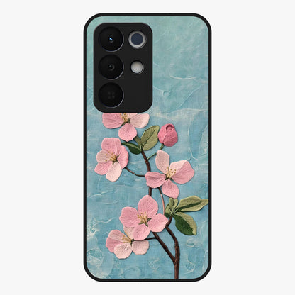 Threaded Blossom Breeze Glass Case showing flat back view with delicate blossom artwork and glossy glass finish.